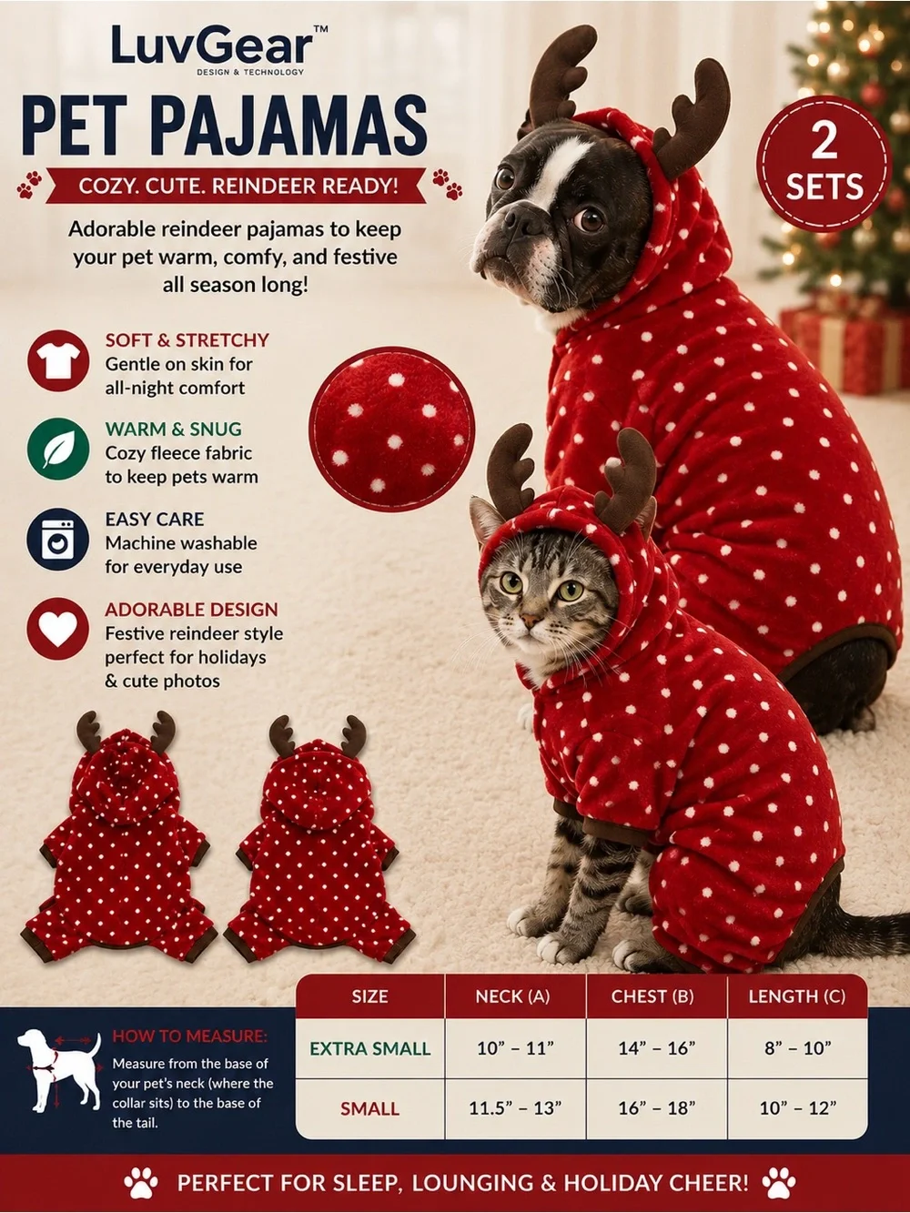 LUVGEAR REINDEER PET PAJAMAS – AVAILABLE IN XS, SMALL & large